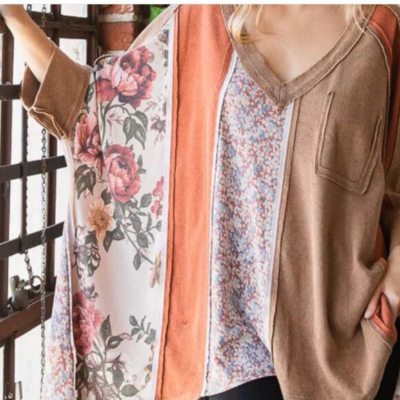 OH798 CLAY WASHED FABRIC MIX OVERSIZED TOP - Picture 1 of 1